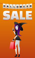 Poster with halloween sale and sexy witch with boutique package.