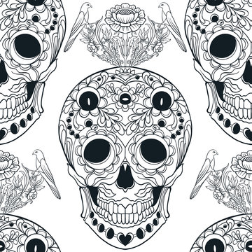 Seamless pattern, background with sugar  skull and floral pattern. Outline drawing. Stock line vector illustration.

