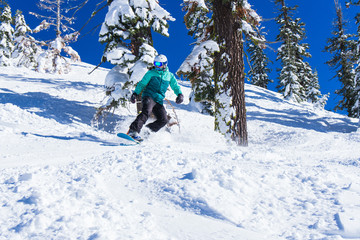 Fototapeta na wymiar Mixed race woman on snowboard rides quickly through snow in the mountains