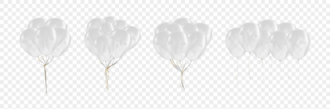 Vector set of realistic isolated white balloons for celebration and decoration on the transparent background. Concept of happy birthday, anniversary and wedding.