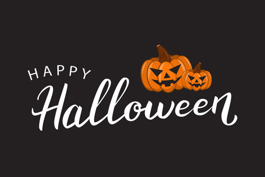 Vector isolated lettering for Halloween and pumpkins for decoration and covering on the dark background. Concept of Happy Halloween.