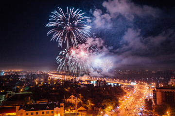 Firework above Voronezh during celebration of festival the Day of the City, aerial view 