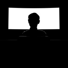 Person sitzt vor Bildschirm in dunklem Raum allein und depressiv und ist im Internet