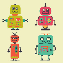 Set of pixel art vector robots. Retro cute robots