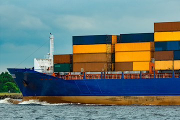 Blue container ship