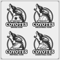 Volleyball, baseball, soccer and football logos and labels. Sport club emblems with coyote.