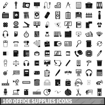 100 office supplies icons set, simple style 