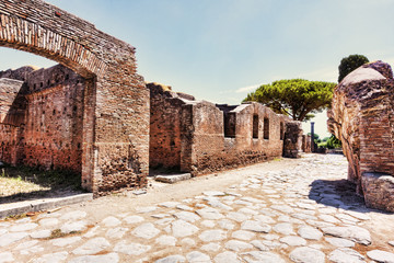 Archaeological Roman empire street view in Ostia Antica - Rome - Italy
