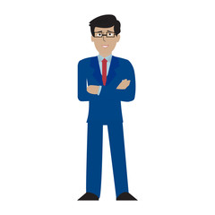Obraz na płótnie Canvas Young handsome businessman standing with folded arms. Blue suit, red tie and shirt. Front view. Flat illustration