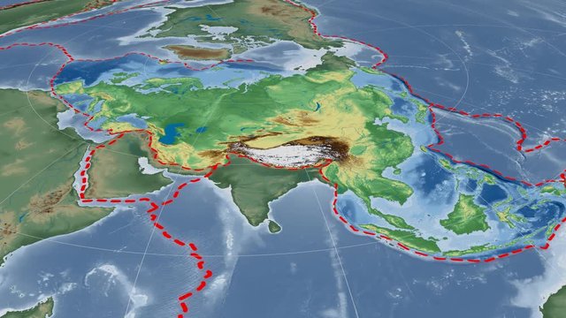 Eurasian tectonic plate extruded and rotated against the map in the Azimuthal Equidistant projection. Bumps shaded