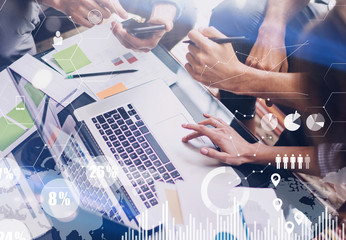 Concept of digital diagram,graph interfaces,virtual screen,connections icon on blurred background.Business meeting process.Woman typing laptop computer keyboard.Horizontal.Cropped.