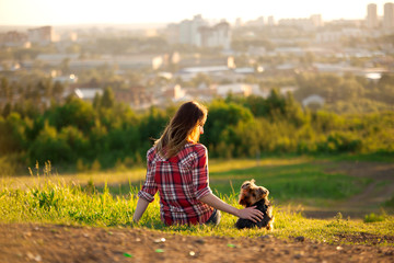 Young woman back in a red plaid shirt with her pet Yorkshire terrier sitting on the grass in a...