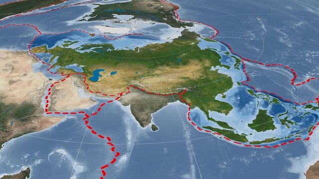 Eurasian tectonic plate extruded and rotated against the map in the Azimuthal Equidistant projection. Blue Marble