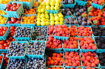Fresh fruit in turquoise pint containers