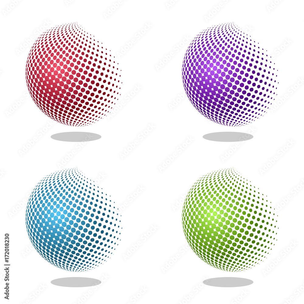 Poster abstract globe dotted sphere, 3d halftone effect vector background. color set of vector illustration