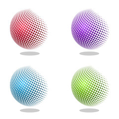 Abstract globe dotted sphere, 3d halftone effect vector background. Color set of vector illustration.