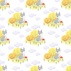 Baby colorful seamless pattern with the image of cute woodland animals and autumn trees. Vector background.