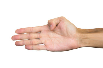 Right palm hand isolated on white background. Clipping path. Hand gesture.