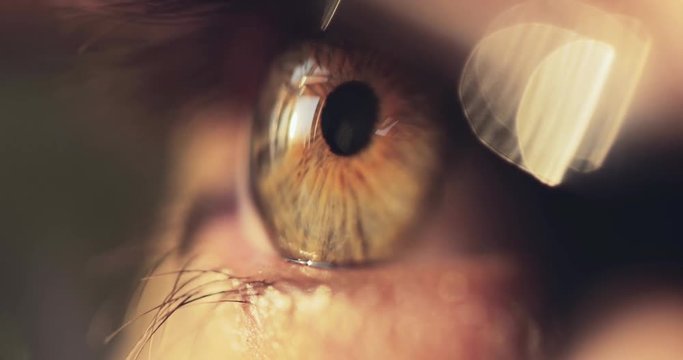 Macro Close-up Eye Blinking, Wearing Eyeglasses. SLOW MOTION 4K DCi. Young Woman is opening and closing her eye, prescription glasses on. Eyesight health. Cinematic close up shot on dark background.