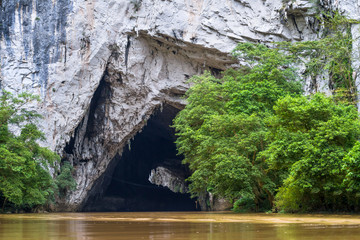 Beautiful natural scenery of Phong cave with boat tour at Ba Be Lake Nation Park is famous travel destination in Bac Kan province, Vietnam.