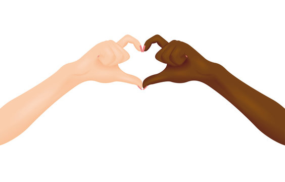 Black and white hands making heart shape. Vector illustration. Interracial friendship concept.