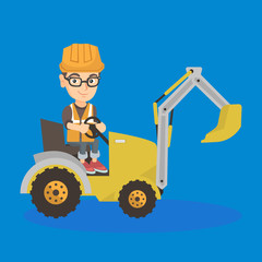 little caucasian builder kid in hard hat driving an excavator. Happy boy operating an excavator. Builder kid sitting in cockpit of an excavator. Vector sketch cartoon illustration. Square layout.