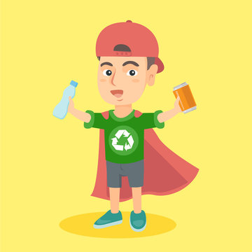 Little caucasian kid boy in superhero coat and green t-shirt with recycling sign holding aluminium tin and plastic bottle. Concept of recycling. Vector cartoon illustration. Square layout.