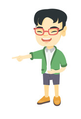 Asian boy  bullying someone and pointing finger. Little laughing boy mocking and pointing his forefinger at something. Vector sketch cartoon illustration isolated on white background.