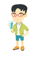 Little asian boy holding a glass of water in his hand. Smiling boy with water in a glass. Boy drinking water. Vector sketch cartoon illustration isolated on white background.