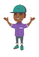 Cheerful african-american boy standing with hands raised in the air. Full length of happy boy raising his hands and celebrating success. Vector sketch cartoon illustration isolated on white background