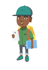 African-american smiling schoolboy with backpack using a cellphone. Little schoolboy holding cellphone and textbook in hands. Vector sketch cartoon illustration isolated on white background.