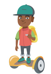 Joyful african schoolboy riding on self-balancing electric scooter. Happy schoolboy with backpack riding on gyroscooter to school. Vector sketch cartoon illustration isolated on white background.