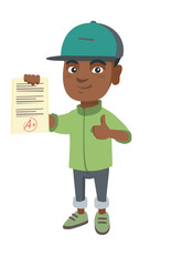 Happy african pupil holding a sheet with the highest mark and giving thumb up. Cheerful smart pupil showing a paper with best mark. Vector sketch cartoon illustration isolated on white background.