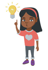 African smart little girl having a bright idea. Clever girl with open mouth pointing forefinger at the glowing lightbulb. Idea concept. Vector sketch cartoon illustration isolated on white background.