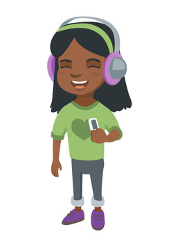 African-american girl enjoying music in headphones. Little girl in earphones listening to music with a music player. Vector sketch cartoon illustration isolated on white background.