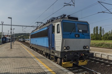 Fototapeta na wymiar Trains in Olbramovice station with platforms