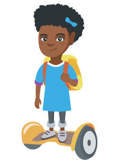 Joyful african schoolgirl riding on self-balancing electric scooter. Happy schoolgirl with backpack riding on gyroscooter to school. Vector sketch cartoon illustration isolated on white background.