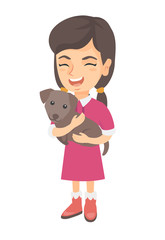 Caucasian happy smiling girl holding a small dog. Full length of cheerful little girl with a dog in her hands. Vector sketch cartoon illustration isolated on white background.