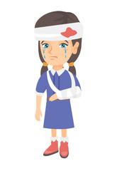 Caucasian injured girl with broken arm and bandaged head. Crying little girl having head and arm injury. Vector sketch cartoon illustration isolated on white background.