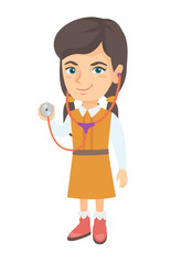 Happy caucasian little girl in doctor costume holding a stethoscope. Laughing girl wearing a doctor coat and showing a stethoscope. Vector sketch cartoon illustration isolated on white background.