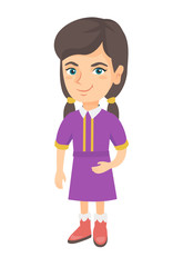 Smiling little caucasian kid girl in a dress. Full length of happy smiling kid girl. Vector sketch cartoon illustration isolated on white background.