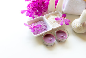 Spa treatment and product for female feet and manicure nails spa with pink flower, copy space, soft and select focus, Thailand. Healthy Concept.