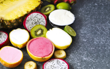Obraz na płótnie Canvas Assortment of sorbet with natural exotic fruits
