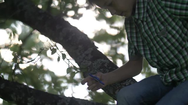 serious ruffian boy sitting on a tree waving legs and playing with a spinner