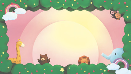 Cute animals and rainbow frame. 3d rendering picture.