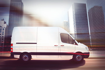 Fast van on a city road . 3D Rendering