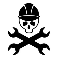 Black and white picture of the skull in the construction helmet with crossed wrenches. Icon skull. Isolated. Vector Image.