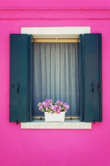 Picturesque windows with shutters of pink house on the famous island Burano, Venice, Italy