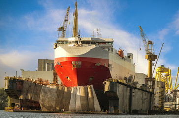 Szczecin, Poland-September 2017: Marine ferry in repair yard for replacing pumps and filters for...