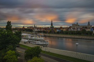 evening panorama of Szczecin, panorama of the city reflecting in the river